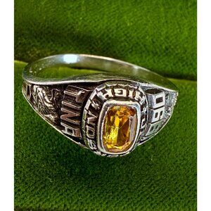 Vintage 1990 High School Class Ring SZ 9.3 Silver Tone with Amber Stone “Tina”